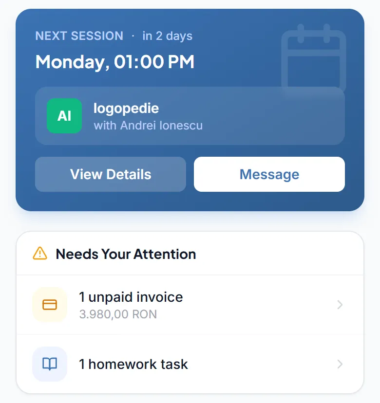 On a phone: the next session and what needs the parent’s attention