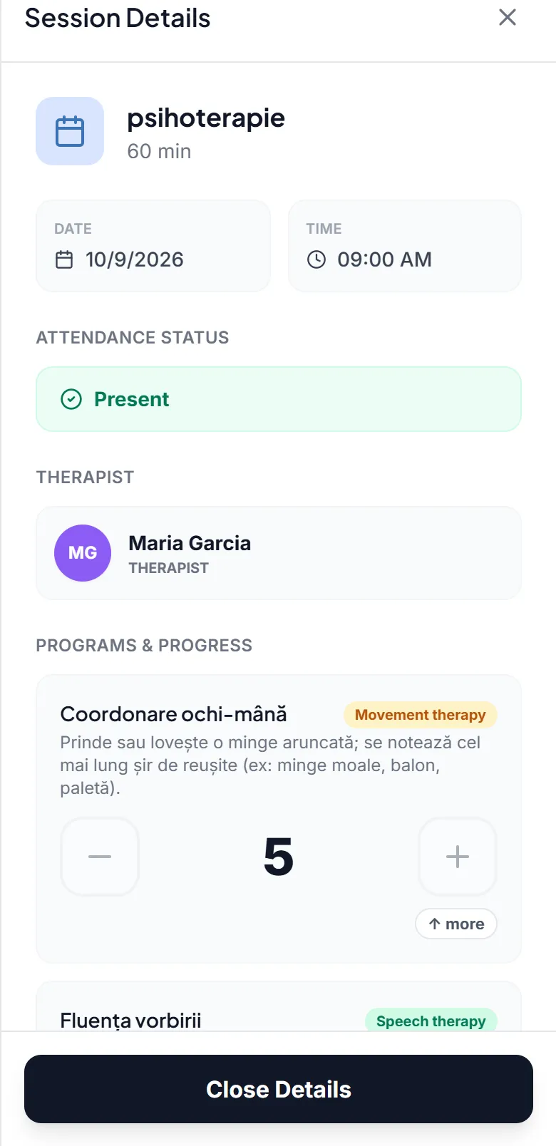 A session in the portal: attendance, the therapist and the programmes worked